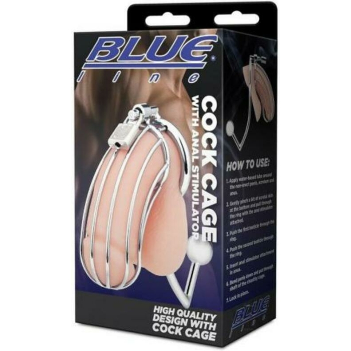 Blue Line Metal Cock Cage With Anal Stimulator - Image 1