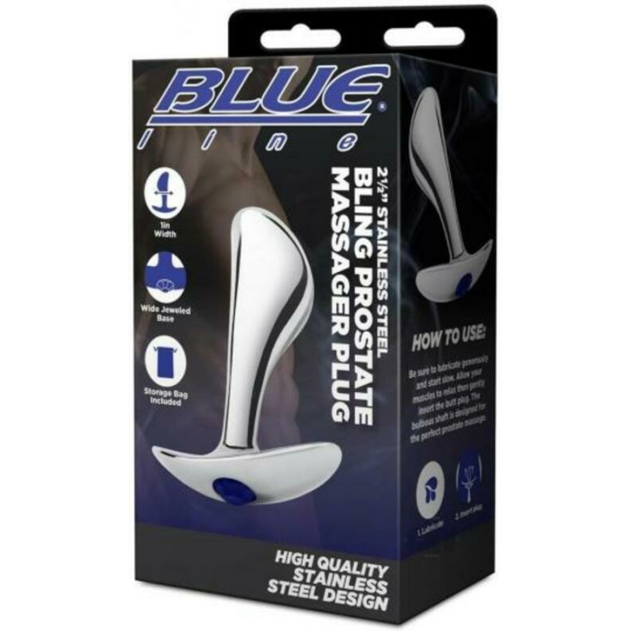 Blue Line 2.5" Stainless Steel Bling Prostate Massager Plug - Image 1