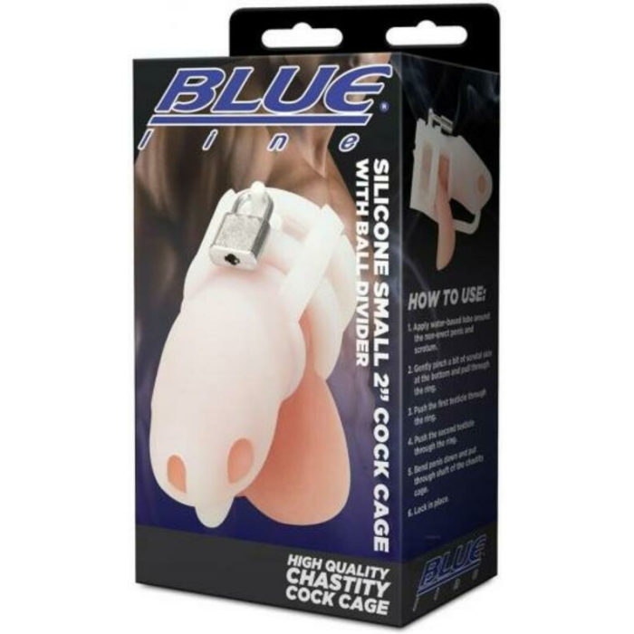 Blue Line 2" Silicone Mini Cock Cage With Ball Divider - White - Image 1