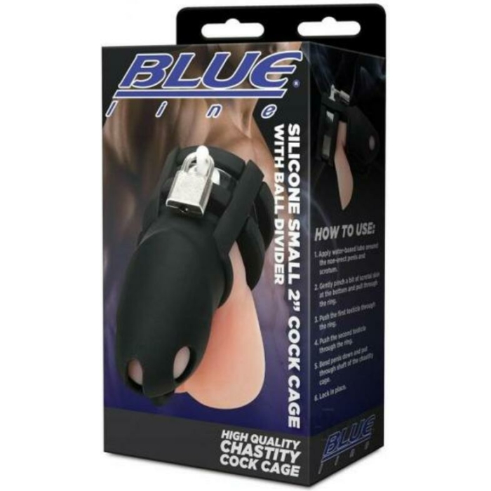Blue Line 2" Silicone Mini Cock Cage With Ball Divider - Black - Image 1