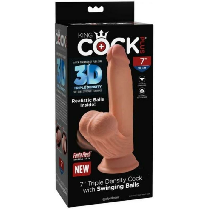 King Cock Plus 7 In. Triple Density Cock With Swinging Balls Tan - Image 1
