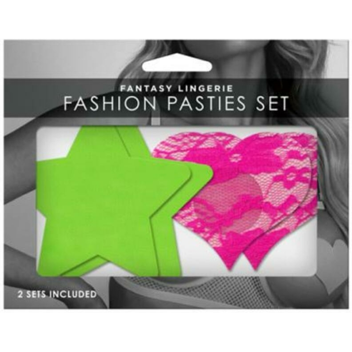 Neon Pasties 2-pack Neon Green Solid Star Neon Pink Lace - Image 1
