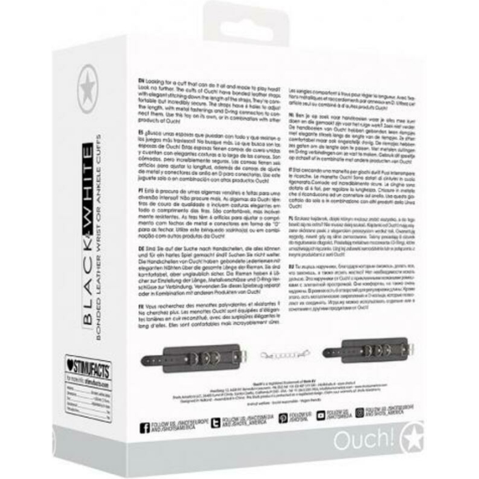Ouch! Black & White Bonded Leather Wrist Or Ankle Cuffs With Adjustable Straps - Image 3