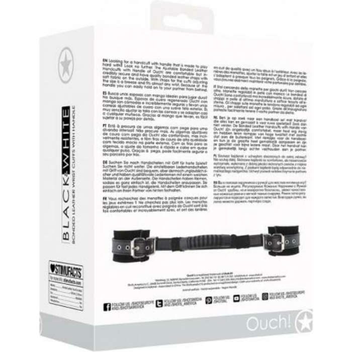 Ouch! Black & White Bonded Leather Hand Cuffs With Handle With Adjustable Straps Black - Image 3