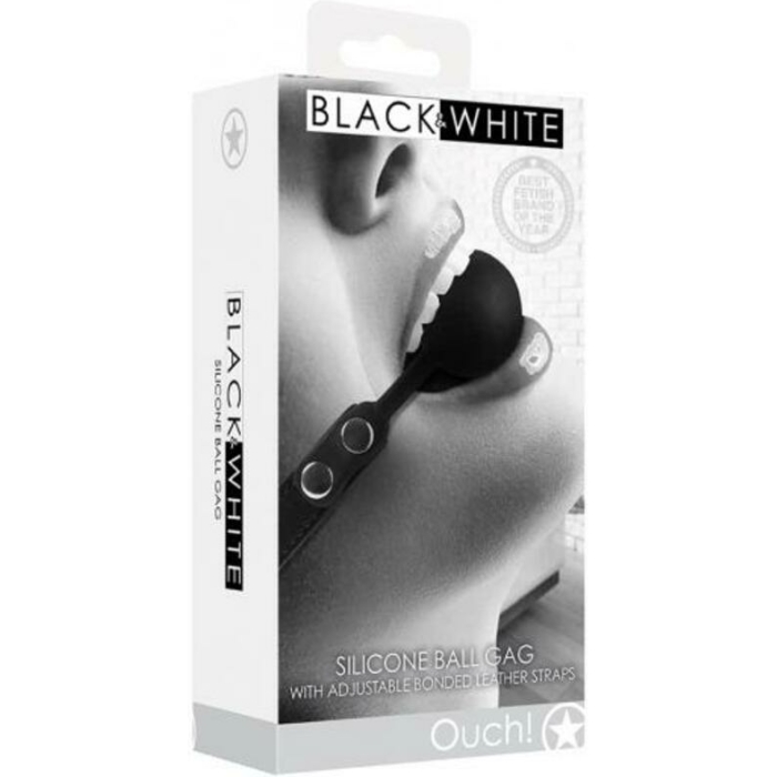 Ouch! Black & White Silicone Ball Gag With Adjustable Bonded Leather Straps Black - Image 2