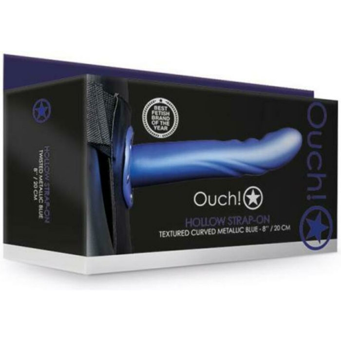 Ouch! Textured Curved Hollow Strap-on 8 In. Metallic Blue - Image 1