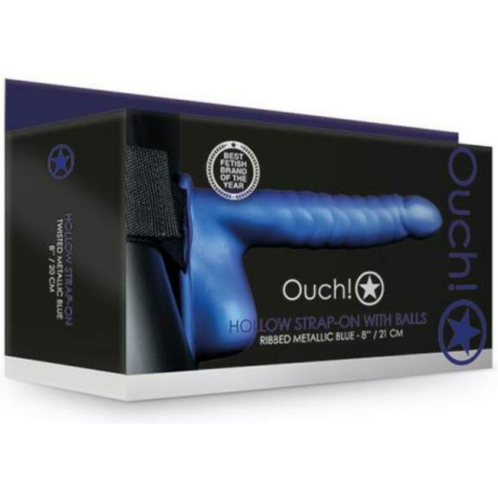 Ouch! Ribbed Hollow Strap-on With Balls 8 In. Metallic Blue - Image 1