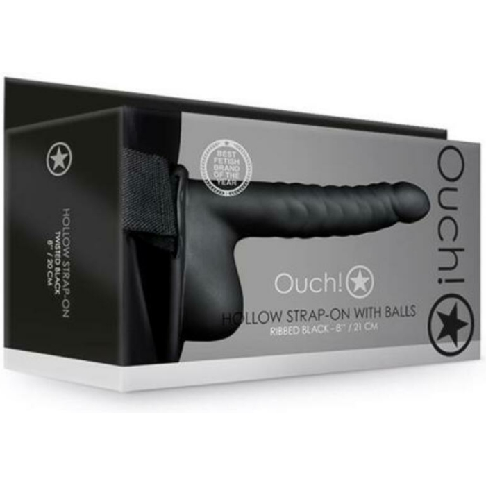 Ouch! Ribbed Hollow Strap-on With Balls 8 In. Black - Image 1