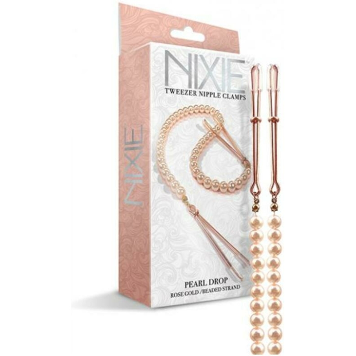 Nixie Pearl Drop Beaded Tweezer Nipple Clamps Rose Gold - Image 1