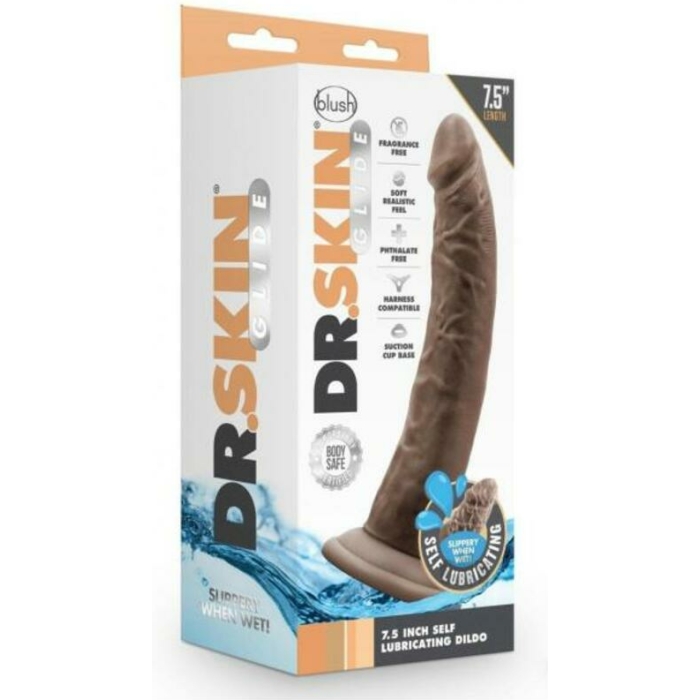 Dr. Skin Glide Self-lubricating Dildo 7.5 In. Chocolate - Image 1