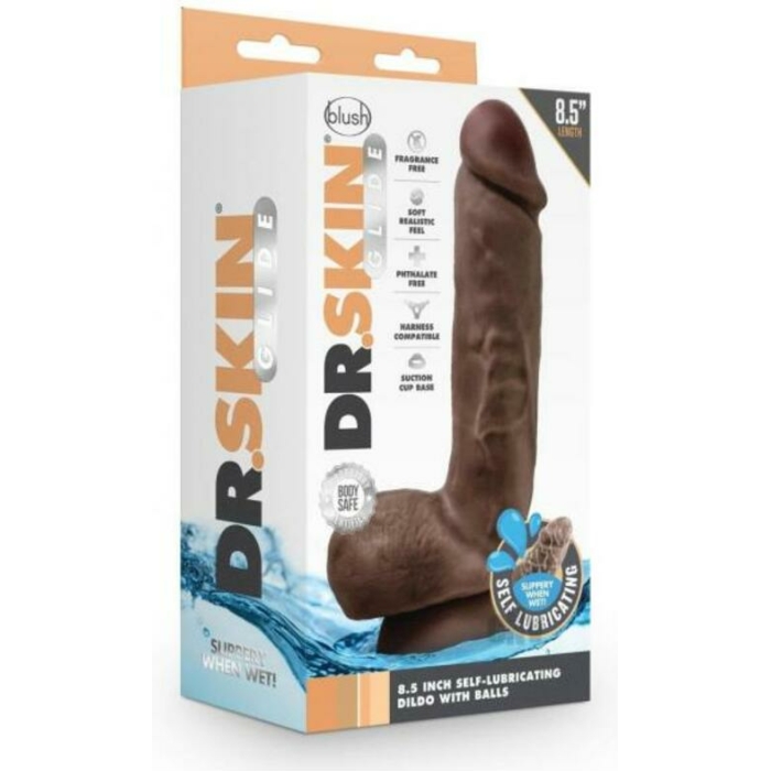 Dr. Skin Glide Self-lubricating Dildo With Balls 8.5 In. Chocolate - Image 1
