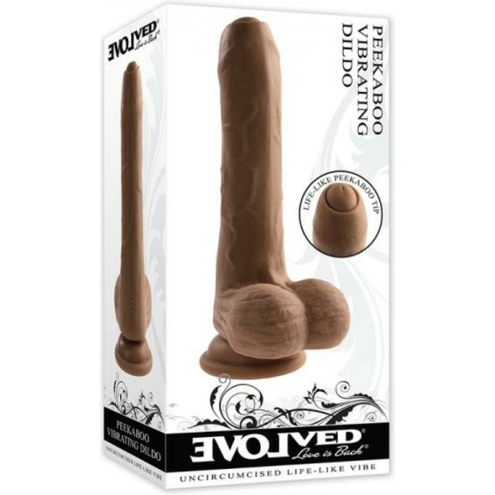 Evolved Peek A Boo Rechargeable Vibrating 8 In. Silicone Uncircumcised Dildo With Power Boost Dark - Image 1