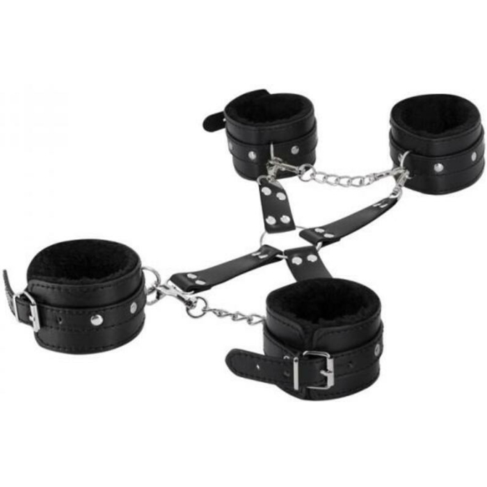 Male Power Leather All 4's Fuzzy Cuff Set Black - Image 1
