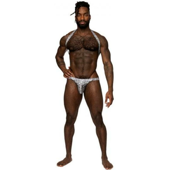 Male Power S'naked Shoulder Sling Harness Thong One-piece Silver/black S/m - Image 1