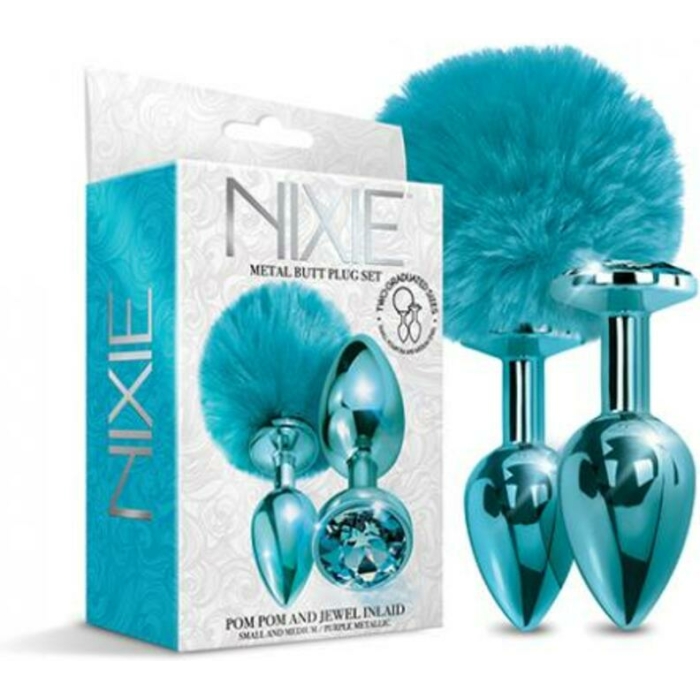 Nixie Metal Butt Plug Set Pom Pom And Jewel-inlaid Metallic Blue - Image 1