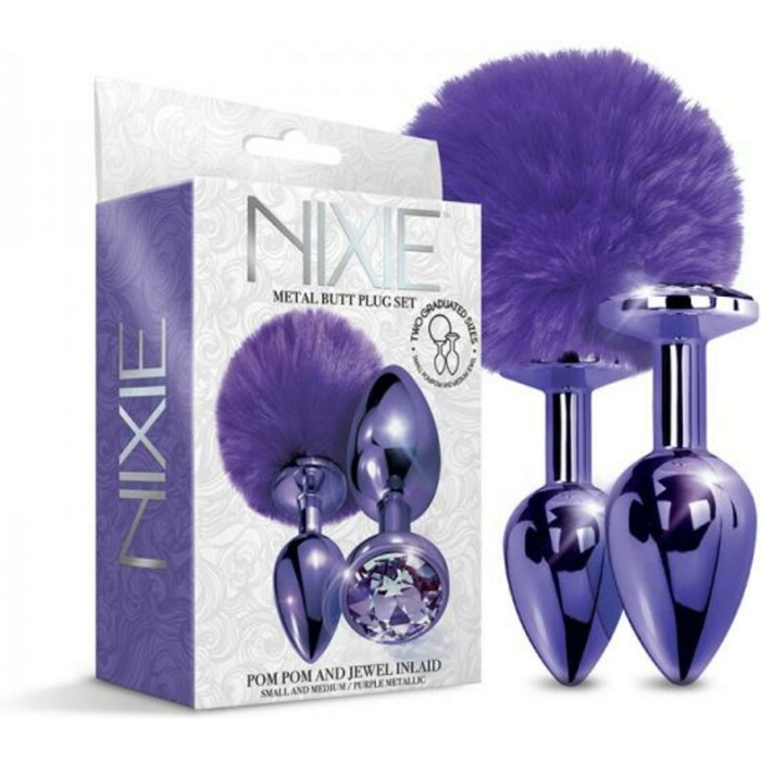 Nixie Metal Butt Plug Set Pom Pom And Jewel-inlaid Metallic Purple - Image 1