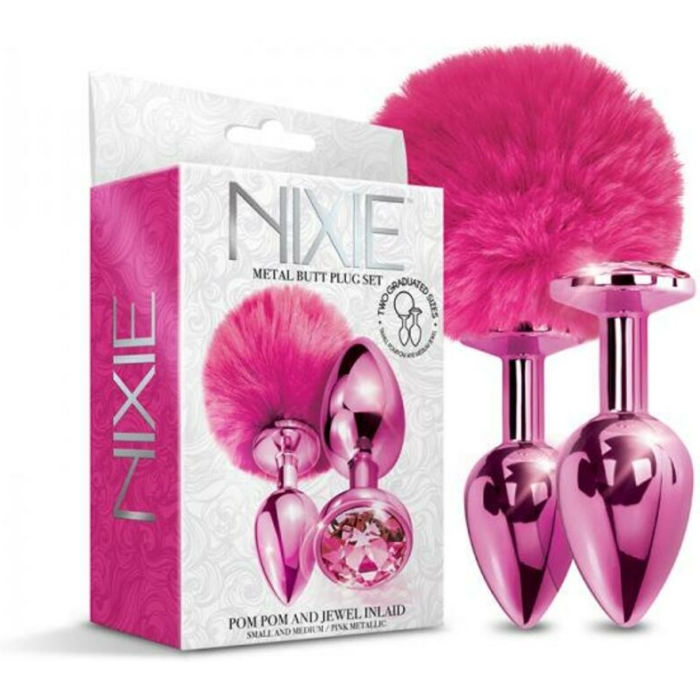 Nixie Metal Butt Plug Set Pom Pom And Jewel-inlaid Metallic Pink - Image 1