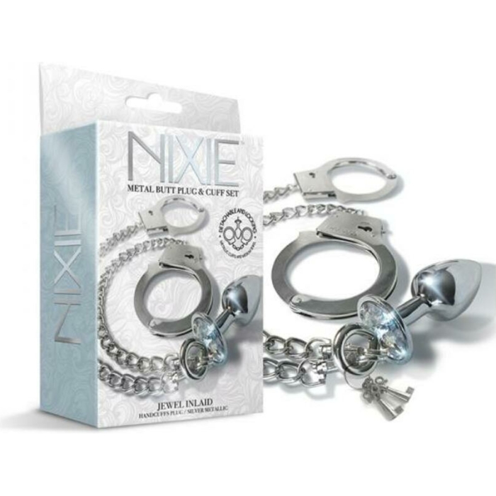 Nixie Metal Butt Plug & Handcuffs Set Silver - Image 1