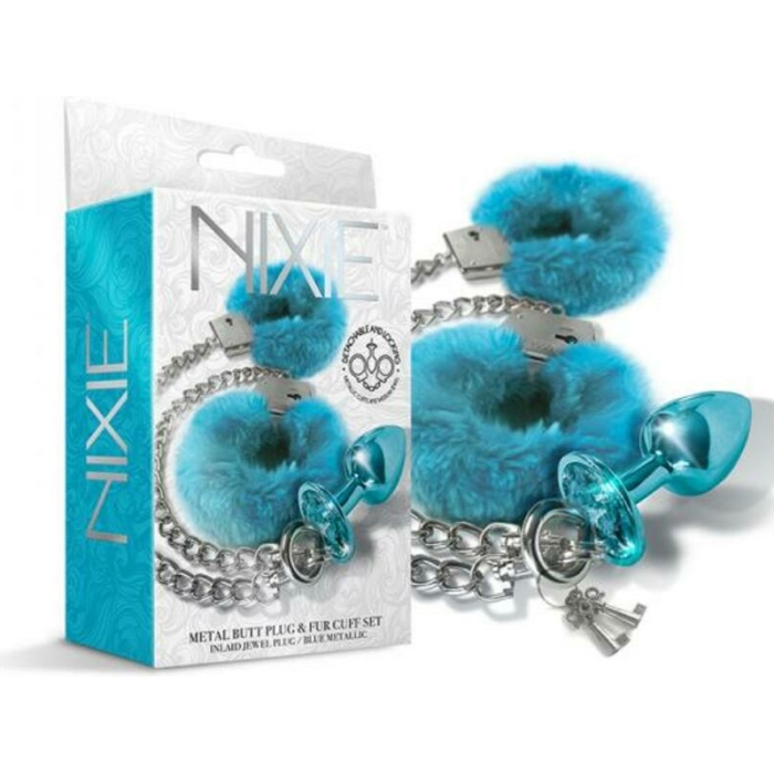 Nixie Metal Butt Plug & Furry Handcuff Set Mediumblue Metallic - Image 1