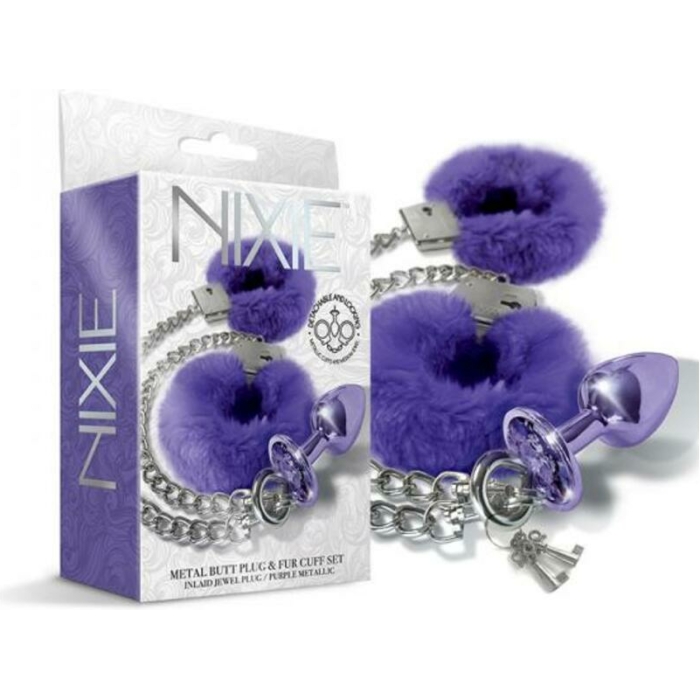 Nixie Metal Butt Plug & Furry Handcuff Set Medium Purple Metallic - Image 1