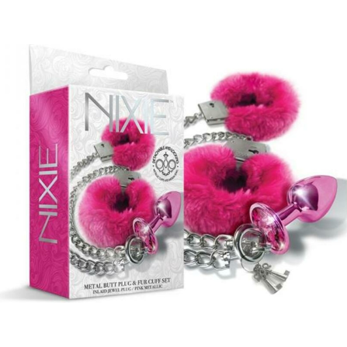 Nixie Metal Butt Plug & Furry Handcuff Set Medium Pink Metallic - Image 1