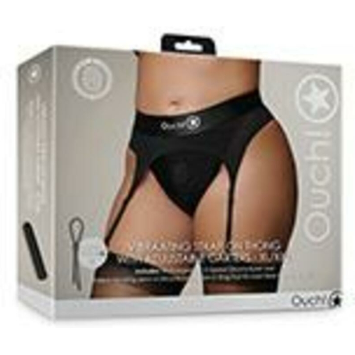 Shots Ouch Vibrating Strap On Thong W/adjustable Garters - Black Xl/xxl - Image 1