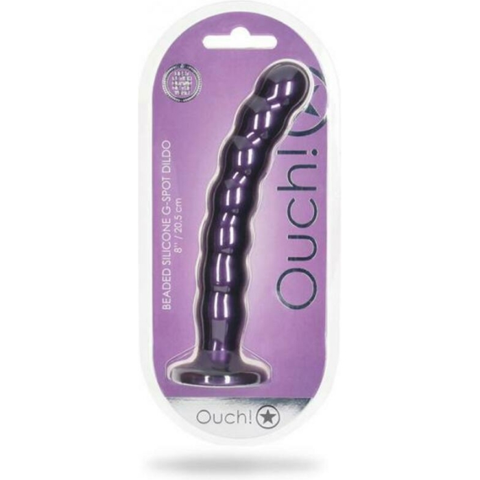 Shots Ouch! Beaded Silicone 8 In. G-spot Dildo Metallic Purple - Image 1