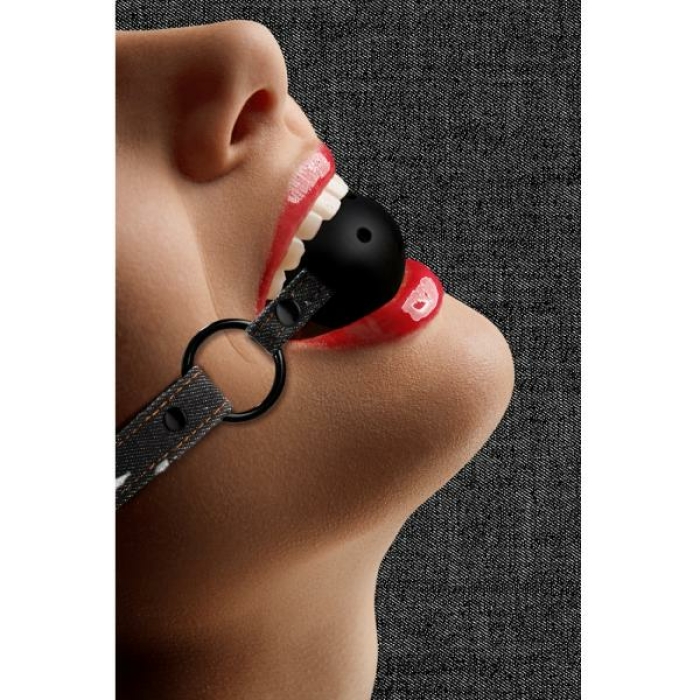 Breathable Ball Gag - With Roughend Denim Straps - Black - Image 1