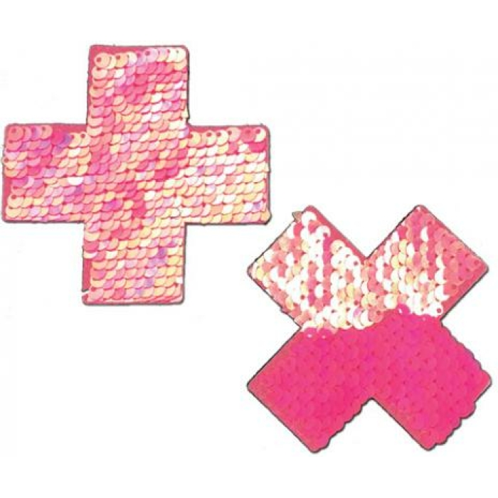 Pastease Color Changing Flip Sequins Cross Pasties Pink O/S - Image 1