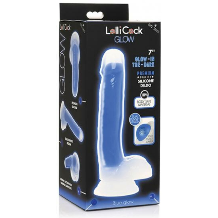 Curve Toys Lollicock 7" Glow In The Dark Silicone Dildo W/balls - Blue - Image 1