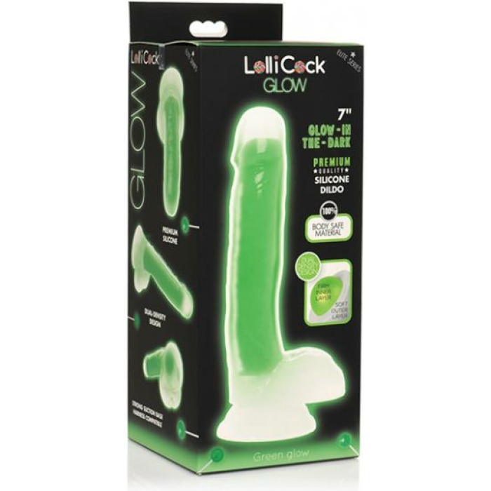 Curve Toys Lollicock 7" Glow In The Dark Silicone Dildo W/balls - Green - Image 1