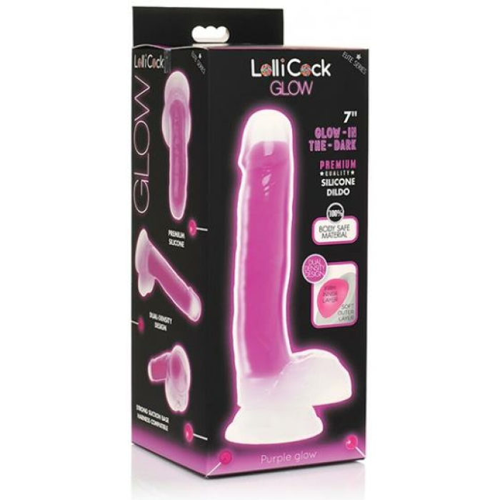 Curve Toys Lollicock 7" Glow In The Dark Silicone Dildo W/balls - Purple - Image 1