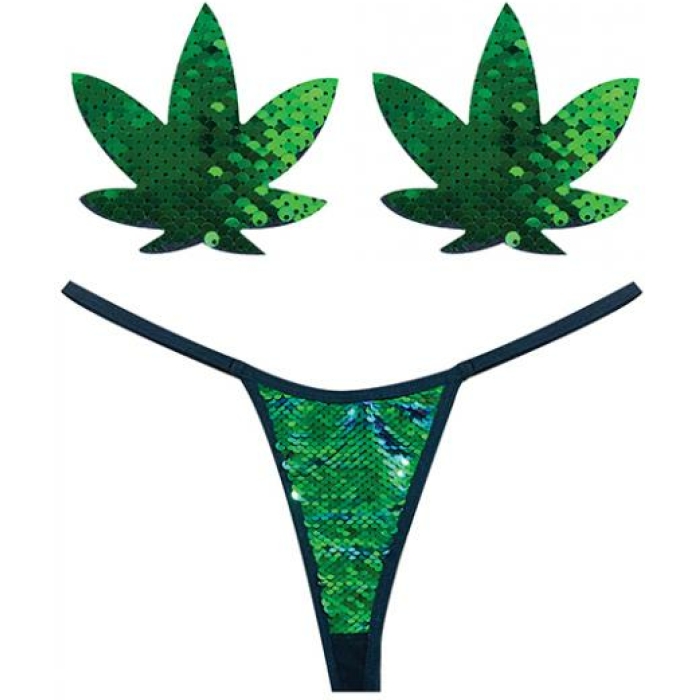 Neva Nude Naughty Knix Weed Leaf Sequin G-string & Pasties - Green  O/s - Image 1