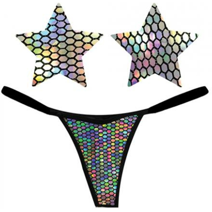 Neva Nude Naughty Knix Mirrored Mayhem Holographic G-string & Pasties - Black O/s - Image 1