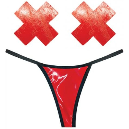 Neva Nude Naughty Knix Vixen Wet Vinyl G-string & Pasties - Red O/s
