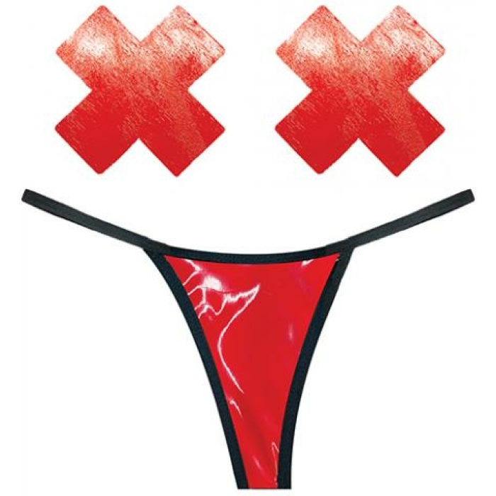 Neva Nude Naughty Knix Vixen Wet Vinyl G-string & Pasties - Red O/s - Image 1