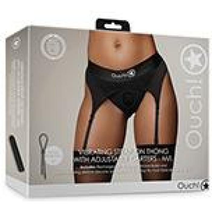 Shots Ouch Vibrating Strap On Thong W/adjustable Garters - Black M/l - Image 1