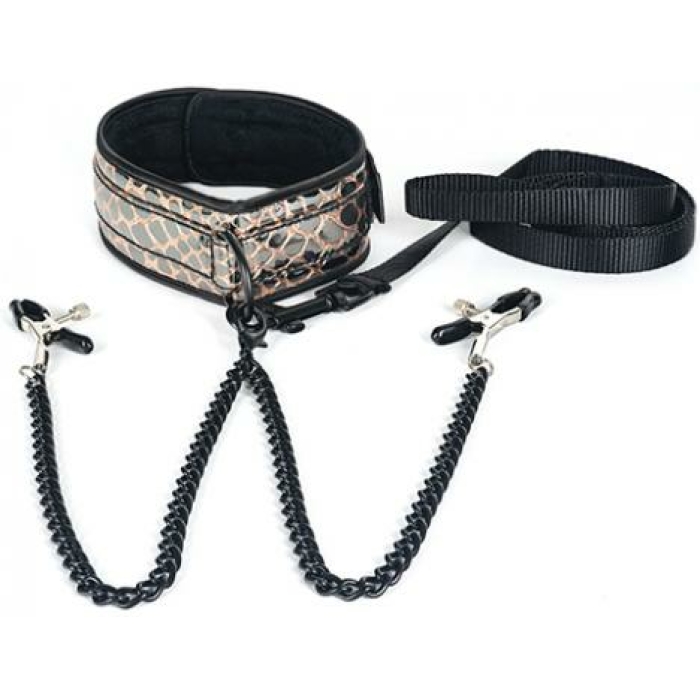 Spartacus Faux Leather Collar & Leash Black Nipple Clamps Gold - Image 1