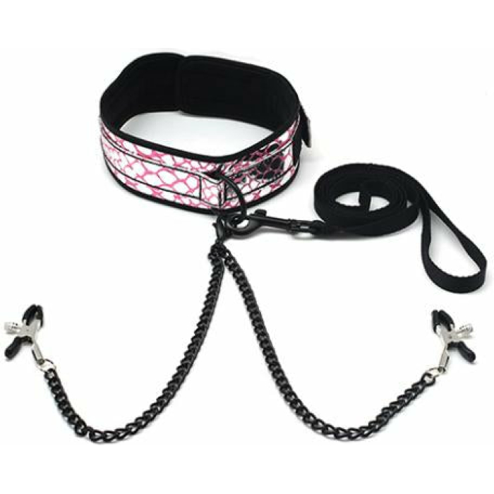 Spartacus Faux Leather Collar, Leash Black Nipple Clamps Pink - Image 1