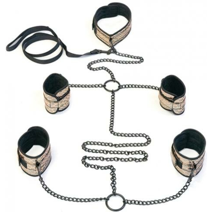 Faux Leather Collar, Wrist, Ankle Restraints & Leash Bondage Kit Gold - Image 1