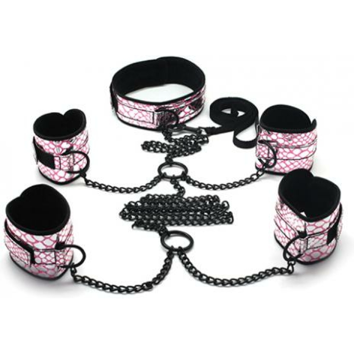 Spartacus Faux Leather Collar To Wrist & Ankle Restraints Bondage Kit W/leash - Pink - Image 1