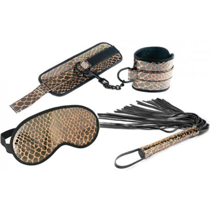 Spartacus Faux Leather Wrist Restraints Blindfold & Flogger Bondage Kit - Gold - Image 1