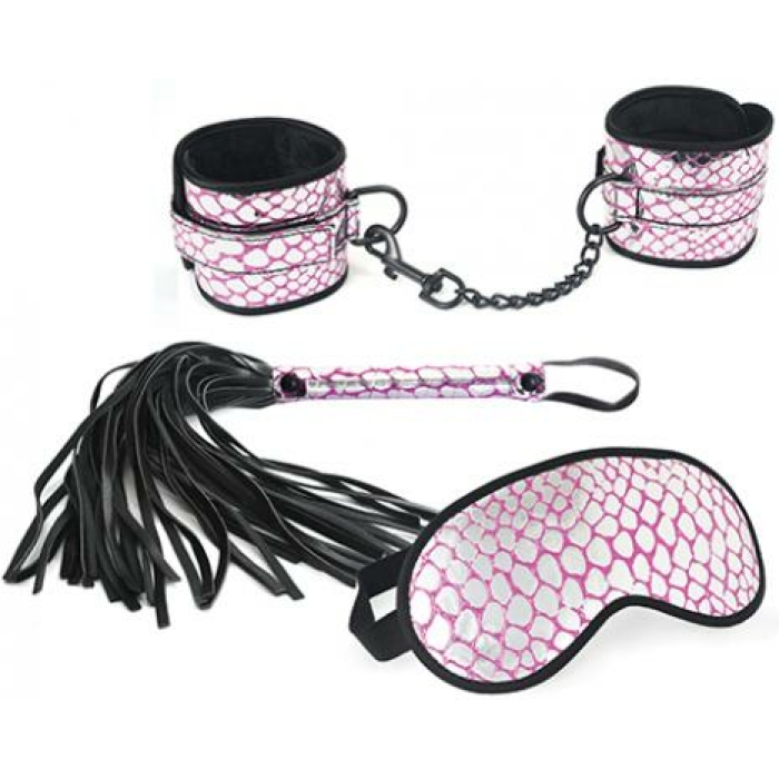 Spartacus Faux Leather Wrist Restraints Blindfold & Flogger Bondage Kit - Pink - Image 1