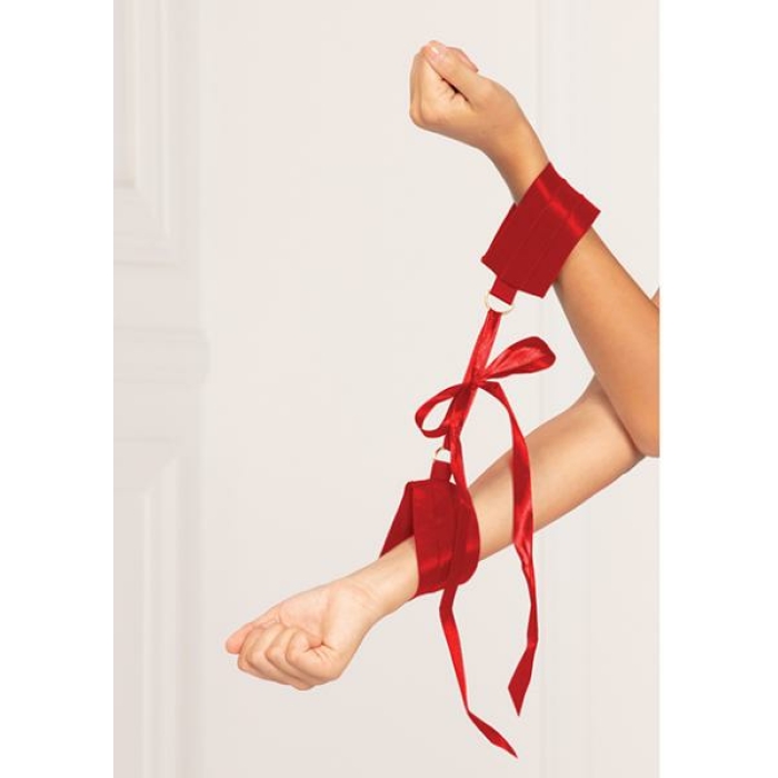 Satin Elastic Cuffs D-ring & Satin Ribbon Tie Red O/s - Image 1