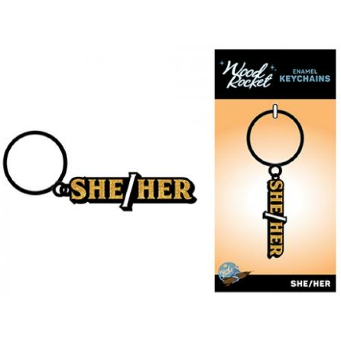 Wood Rocket She/her Keychain - Black/gold - Image 1