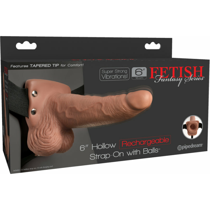 Fetish Fantasy 6in Hollow Rechargeable Strap-on With Balls, Tan - Image 3