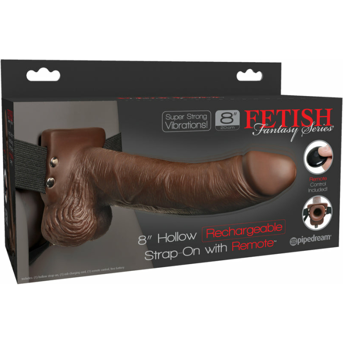 Fetish Fantasy 8in Hollow Rechargeable Strap-on With Remote, Brown - Image 3