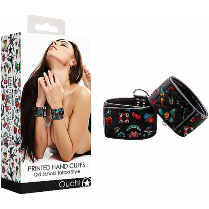 Ouch! Old School Tattoo Printed Hand Cuffs - Image 2