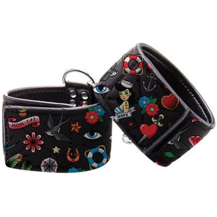 Ouch! Old School Tattoo Printed Hand Cuffs - Image 1