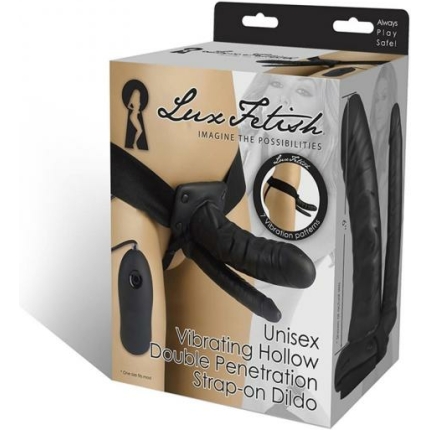 Unisex Vibrating Hollow Double Penetration Strap-On Dildo Black